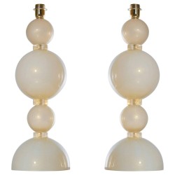 Pair of Ivory and Gold Italian Glass Table Lamps, Circa 1970