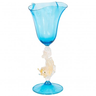 Hand blown Goblet in Murano Glass, in light-blue and Gold