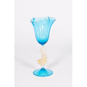 Hand blown Goblet in Murano Glass, in light-blue and Gold