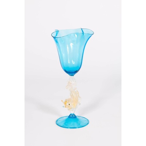 Hand blown Goblet in Murano Glass, in light-blue and Gold