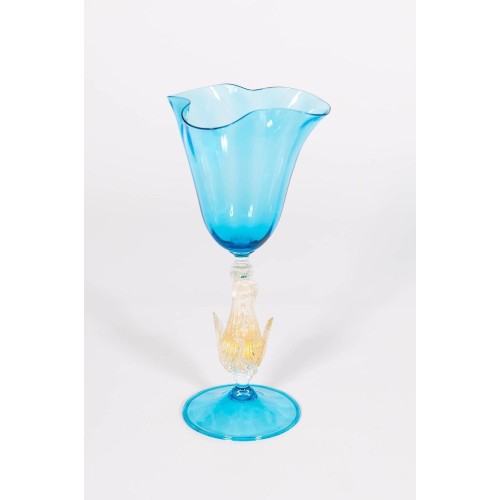 Hand blown Goblet in Murano Glass, in light-blue and Gold