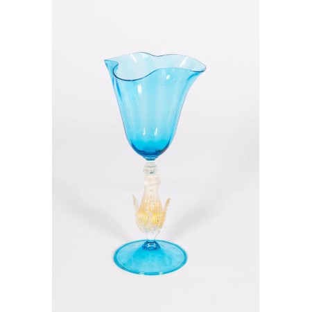 Hand blown Goblet in Murano Glass, in light-blue and Gold