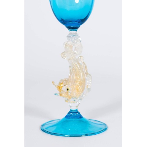 Hand blown Goblet in Murano Glass, in light-blue and Gold