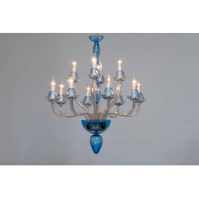 Vintage Modern Italian Chandelier in Murano Glass Transparent and Light-Blue