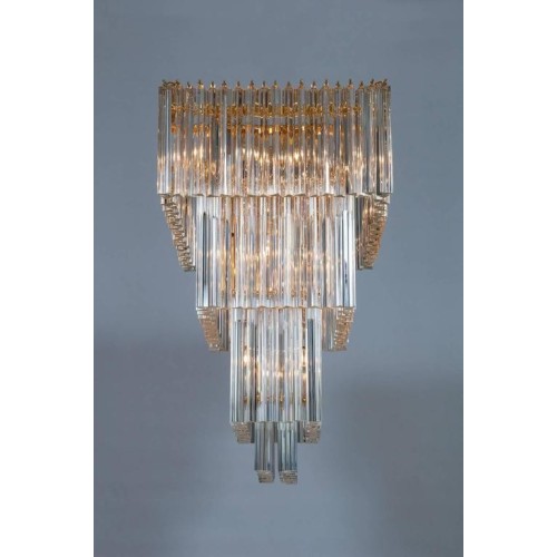 Italian Rectangular Chandelier in Murano Glass, Transparent, 24-Karat Gold