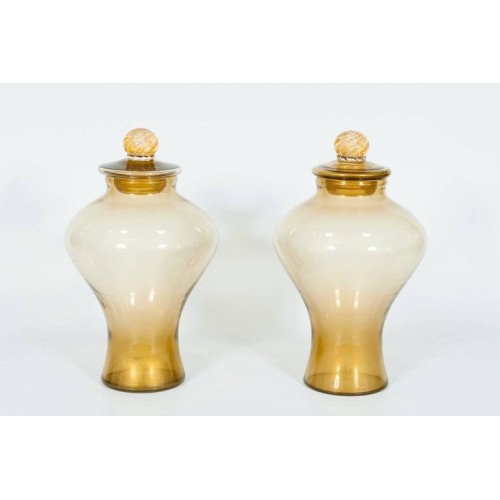 Pair of Italian Vases in Transparent Murano Glass and 24-Karat Gold
