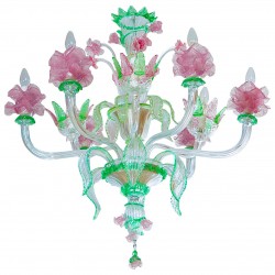 Handcrafted Italian "Flower" Murano Glass Chandelier Green and Pink 1990s *