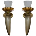 Italian Pair of Sconces in blown Murano Glass gree and gold 1950s *